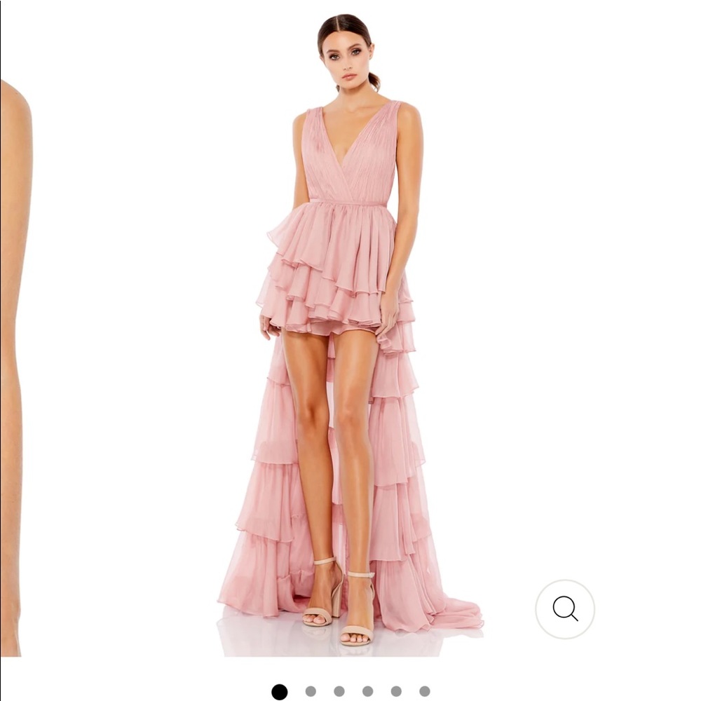 Mac Duggal rose chiffon high-low gown. Wore once for my rehearsal dinner.